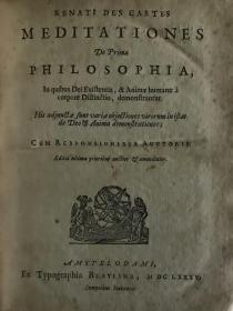 1685年，笛卡尔 《笛卡尔作品集》拉丁文，珍稀古版名著集，两册全，5个部分共收入作者4部名著和一个附录（具体请见后面“商品描述”），内含大量全页木刻及文字木刻，书首珍贵的作者木刻肖像，书名页上另有大师布劳（William Blaeu)的浑仪木刻，原版羔羊皮外封，书脊烫金花纹书名，段首大字母，三口彩点装饰，16X20CM，品相极佳。