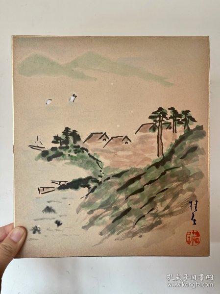 495日本卡纸色纸画，回流老字画。纯手绘，写意国画，水墨画。色纸。山水