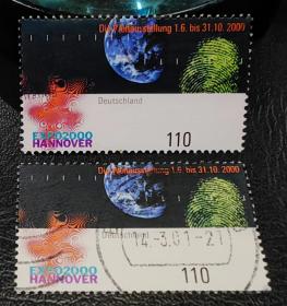 信102德国2000年邮票 汉诺威博览会 地球 指纹 1全上品信销 ，2015斯科特目录0.8美元