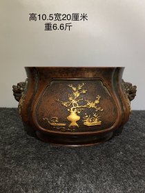 大明宣德五年臣吴邦佐造，紫铜鎏金浮雕花卉兽头耳香炉，品相如图！