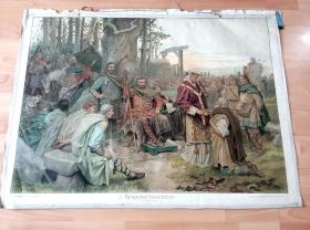 约1900年超大彩色石版画《欧洲中世纪：查理大帝时代的圣骑士晋封仪式》（SENDGRAFENGERICHT，Zeit Carls des Großen Wachsmuth）-- 查理大帝（Charlemagne，公元742-814年），法兰克王国加洛林国王，德意志神圣罗马帝国的奠基人 -- 版画纸张88*66厘米 -- 版幅超大，高品质 -- 德国莱比锡出版