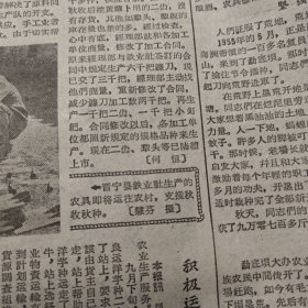 原版老报纸1期：《云南日报》1962年10月22日【有装订孔，品相如图】
基本上实現了水利灌觀的江西省南昌县叶州公社耻員抓紧秋收空隙維修渠道，爭取明年好收成。〔新华社記者詹文良摄〕
訪国营鎭康农場 
昆明市橡胶厂第二車間胶鞋甲班班长申秀华（右二）正把自己的技术教耠其他工人。[明琦摄]
晋宁县鉄业肚生产的农具即将运往农村，支援秋[慧芬摄〕收秋种。
伐木组长赵清贵和他的小组 王朝晖 村宿山夜 吴德輝