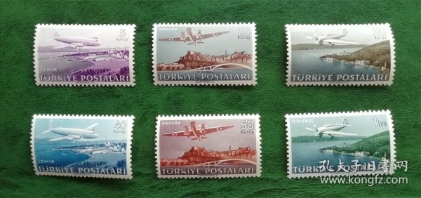 土耳其航空邮票-1949年 飞机风景一套6全 新票不贴MNH