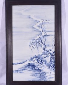 民国竹溪道人王步绘青花渔家乐瓷板画 高64宽40厘米2