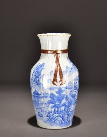 旧藏清乾隆蓝料山水瓜棱绶带瓶！ 尺寸高29宽17