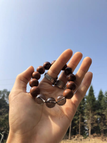 茶水晶雷击枣木手串，道系手串，珠子直径15mm，聻越出品，下单请务必备注好自己的手围