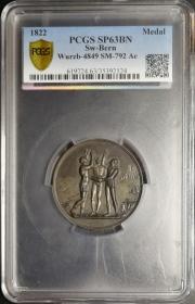 1822瑞士朗根塔尔联邦会议纪念章PCGS-SP6345mm ，44.5g，Wurzb-4849 SM-792 Ae BN
这个章浮雕较高，好分难评，2018年3月有一枚65分的ebay拍了5000多。