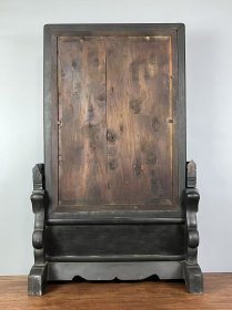 旧藏【麒麟祥云】楠木插屏，尺寸较大，麒麟图为碑刻拓片，底部彩绘双狮图案，双狮香炉图案手绘玻璃上，整体保存完整，品相尺寸如图！