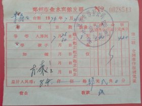 1976年7月28日，住宿费，郑州市金水宾馆发票（生日票据，宾馆住宿类票据）。（61-6）