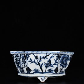 旧藏 元青花松竹梅纹六方盆 高10厘米 宽22.5厘米