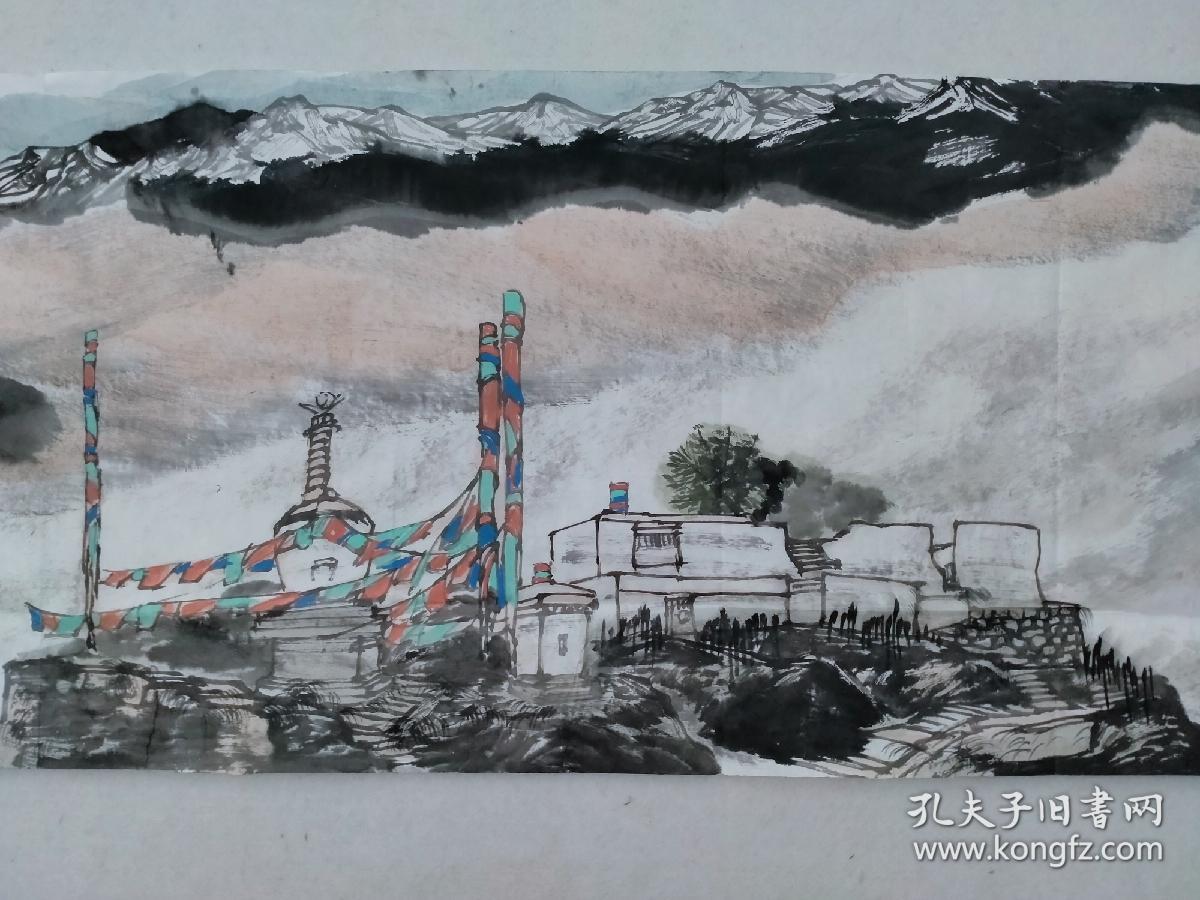 保真书画，张留成四尺对开《佛道净土》国画一幅，尺寸：35*137软片，现为中国国家画院研究员，中国美术家协会会员，黑龙江省美术家协会理事，中国煤矿文联美术家协会艺委会副主任，西藏艺术研究院研究员。