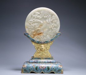 清 乾隆 宫廷 和田玉景泰蓝人物故事插屏，尺寸46*28.5*17厘米，玉24.5*1.8厘米，净重1780克