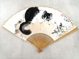 纯手绘国画猫趣玉竹折扇一把