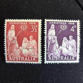 Aus04澳大利亚邮票1958年圣诞节 宗 诞生 圣诞节 信销 2全 邮戳随机 票小