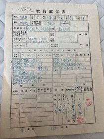 台安教育文献     195*年辽西省台安县第三区大岗中心校教员鉴定表   有装订孔