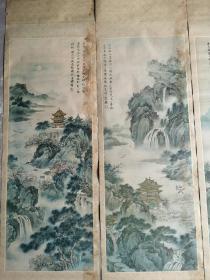 老旧年画四条屏，名楼古韵，黄鹤楼，鹳雀楼，岳阳楼，滕王阁，郭金标作