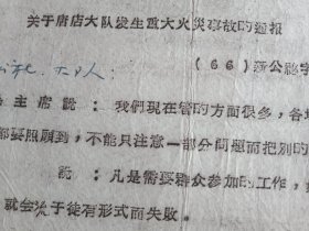 1966年7月10日22日新沂市公安局通报唐店公社唐店大队西五队社员李××家属带三个小孩上场，小孩无人照看私下玩火引起火灾，造成三个孩子两死一伤、损失粮食一千多斤的惨痛悲剧。要求各社、队吸取教训，开展防火安全教育，确保类似事故不再发生（打字油印，16开1页；开头印有《毛主席语录》）