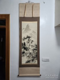 【日本回流】民国和风山水画 款不详老绢本凌裱水墨画【山溪行旅图】画心106*40cm木轴头