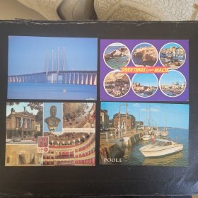 F2512外国实寄明信片4张，旅游风格题材。捷克斯洛伐克，马耳他，英国，丹麦，如图