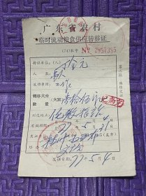 1977年，广东省农村临时流动粮食供应转移证，