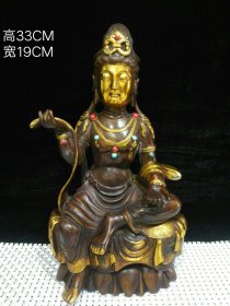旧藏铜鎏金镶嵌宝石 【自在观音菩萨】 尺寸：高33CM，宽19CM 重量：约5.6斤