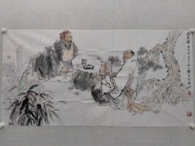 保真书画，张启锋四尺整纸《品铭图》人物画70×137cm软片，附赠作者本人快递信息单及报纸等资料。张启锋，男，1960年8月出生于江西赣州，现为江西赣南师范学院美术学院副教授，硕士研究生导师，中国画教研室主任，赣州市中国画艺委会主任，中国美术家协会会员。江西…