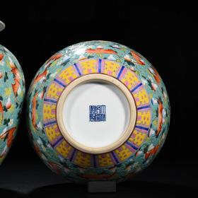 清代瓷器精品老货收藏 清乾隆绿地粉彩福寿纹将军罐