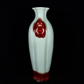 大清乾隆年制松柴烧窑变霁青霁红釉兽耳海棠尊瓶 高36.5宽18.6厘米2