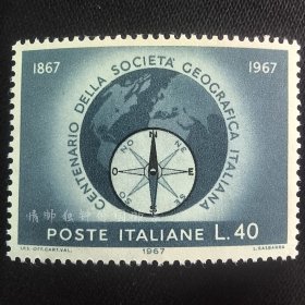 意大利1967年 意大利地理学会百年 地球指南针 外国邮票 新 1全