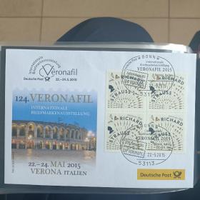 F1845外国信封 2015年意大利维罗纳国际邮展纪念封 贴德国欧元邮票2014年 管弦乐队的理查·施特劳斯的乐器和剪影 150周年纪念 1全 四方联