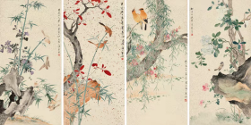艺术微喷 江寒汀（1903-1963） 花鸟四屏 25x50厘米x4幅