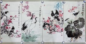 放漏，花鸟画四条屏，赵琳晓老师，每幅画都是赵老师纯手绘亲笔所画，假一赔万，正面一幅画，背面一幅画，都是本人精心收藏的，实际画的比照片拍出来要漂亮的多，笔法苍劲有力，浓淡干湿焦，行云流水，一张的尺寸为1米×50公分，三尺整张的四条屏，家里客厅，卧室，玄关，书房都可悬挂，大气，家中有字画，必是富贵家，闭眼入，真的特别好看。