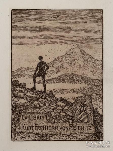 德国艺术大师海因里希·沃格勒Heinrich Vogeler（1872-1942）藏书票 德国藏书票 铜版藏书票
画心：8x5.6cm