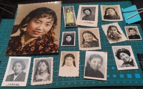 1960年代前后，大美女，麻花辫，花棉袄，女生写真证明照片，其中手工上彩有两张，大幅尺寸是3张。一共15张合售