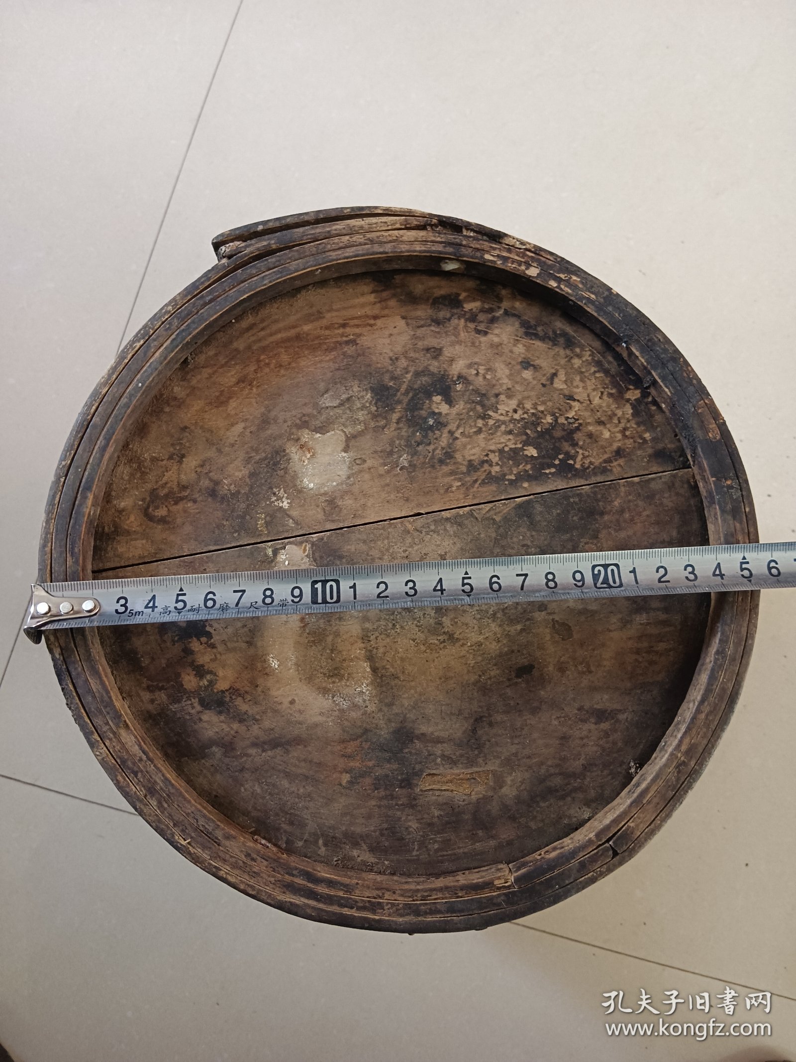 老帽盒 上盖下底拼板 盖子边老裂锯钉修补 高19.5直径26