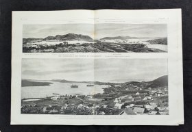 图一上图为旅顺港全景图，下图为海参崴全景图，图四为日军绘制的辽东半岛和旅顺港军事地图。1904年3月12日，原版法国画刊。