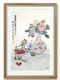 作品：富贵平安图
尺寸：46×70厘米
宣纸软片未裱，装框图为效果图。
 张谦原名张勇，字文进，号天东人，又号游心堂主。张宝珠先生入室弟子，早年随王炳龙老师学习花鸟。现为中国美术家协会会员，山东省美术家协会会员，山东画院画师，中国画创作研究院院聘画家，肥城市第九届十届政协委员。1968年生于山东肥城。2014年考入北京大学艺术学院中国画方向研究生班，就读于范扬工作室