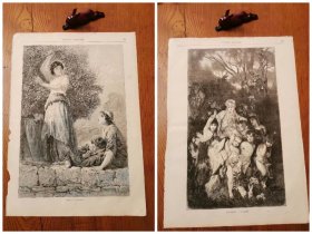 夏与秋人物风景美好题材十九世纪欧洲古董木刻版画西洋版画