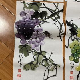 手绘真迹国画：四川著名画家何俊德花鸟画葡萄系列四条屏  2023/08/01