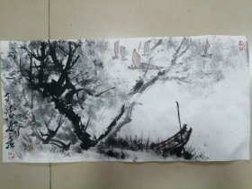 手绘国画一叶小舟