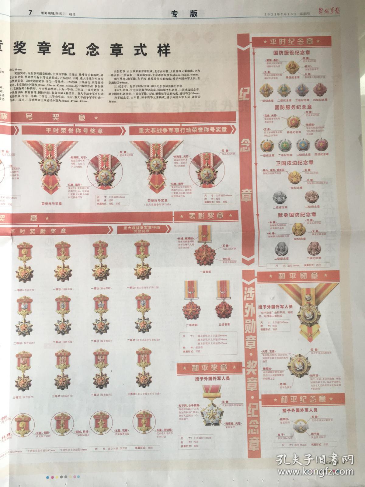 2022年2月10日本报今日特推出新时代军队勋章奖章纪念章式样专版6－7版整页