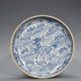明崇祯青花淡描青花麒麟纹盘 6*28厘米