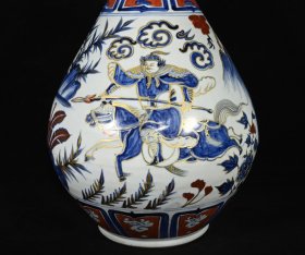 旧藏 元白浒孤窑款矾红青花描金唐太宗人物故事纹玉壶春瓶一对 高46×27厘米