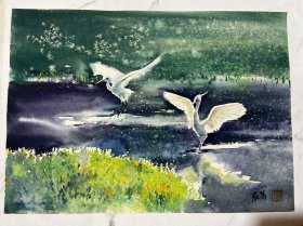 保真保手绘。水彩一张，品相如图。画心尺寸（52*37）cm，货号：L427