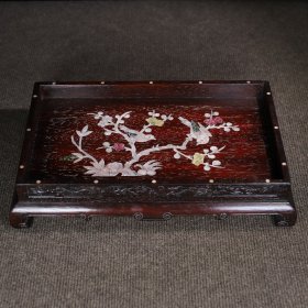 精品檀木镶嵌彩贝喜上眉梢底座茶盘 长38.5宽24.5高8厘米