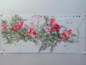 保真书画，张连贵四尺整张国画《牡丹》一幅62×137cm，软片。张连贵   1966年毕业于哈尔滨师范学院艺术系，齐齐哈尔市教育学院教授、院长。现为齐齐哈尔美术家协会名誉主席，中国北方画院名誉院长，中国美术教育研究会会员，中国书画研究院艺术委员会委员，齐齐哈尔市政协委员，黑龙江省美术家协会第二届委员会常务理事。