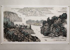 保真书画，安徽名家，宣城市第一任美协主席，李维林六尺整纸山水画《湖上人家》97*180，纸本托片。