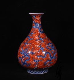 大明宣德年制矾红青花海水五龙纹玉壶春瓶，高27.3×19厘米