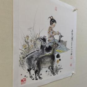 【保真】天津名家曹留夫先生国画小品近作三羊开泰一幅：《开泰图》，带作者合影。（曹留夫先生，1947年生于天津，早年师从黄宾虹弟子段拭先生学习中国画，后毕业于天津工艺美院，1980年调入天津工艺美院从事国画的创作和教学工作。中国美术家协会会员，天津工艺美院教授，天津大学客座教授。）