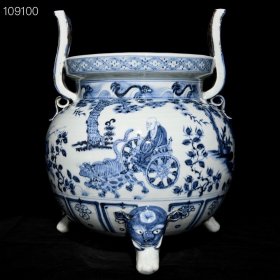 元青花鬼谷子下山图双耳三足炉，高40cm直径33.5cm，